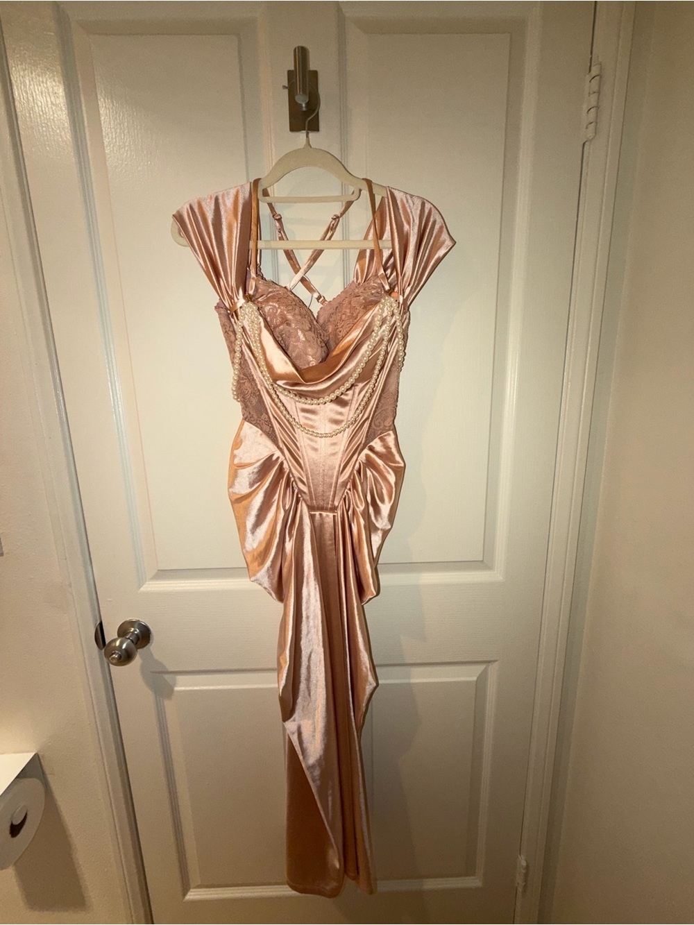 Pearl-Embellished Satin & Lace Dress in Blush Pink - Picture 4 of 7